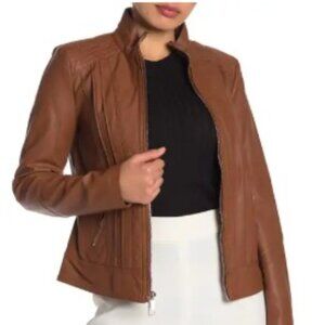 Guess Cognac Faux Leather Moto Jacket, Size M